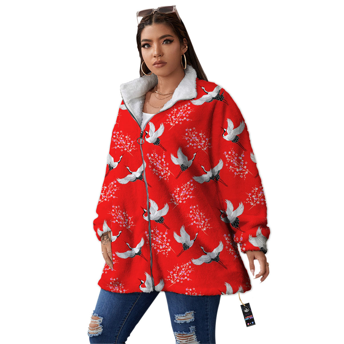 Crane Bird Japanese Print Pattern Women's Sherpa Jacket-grizzshop