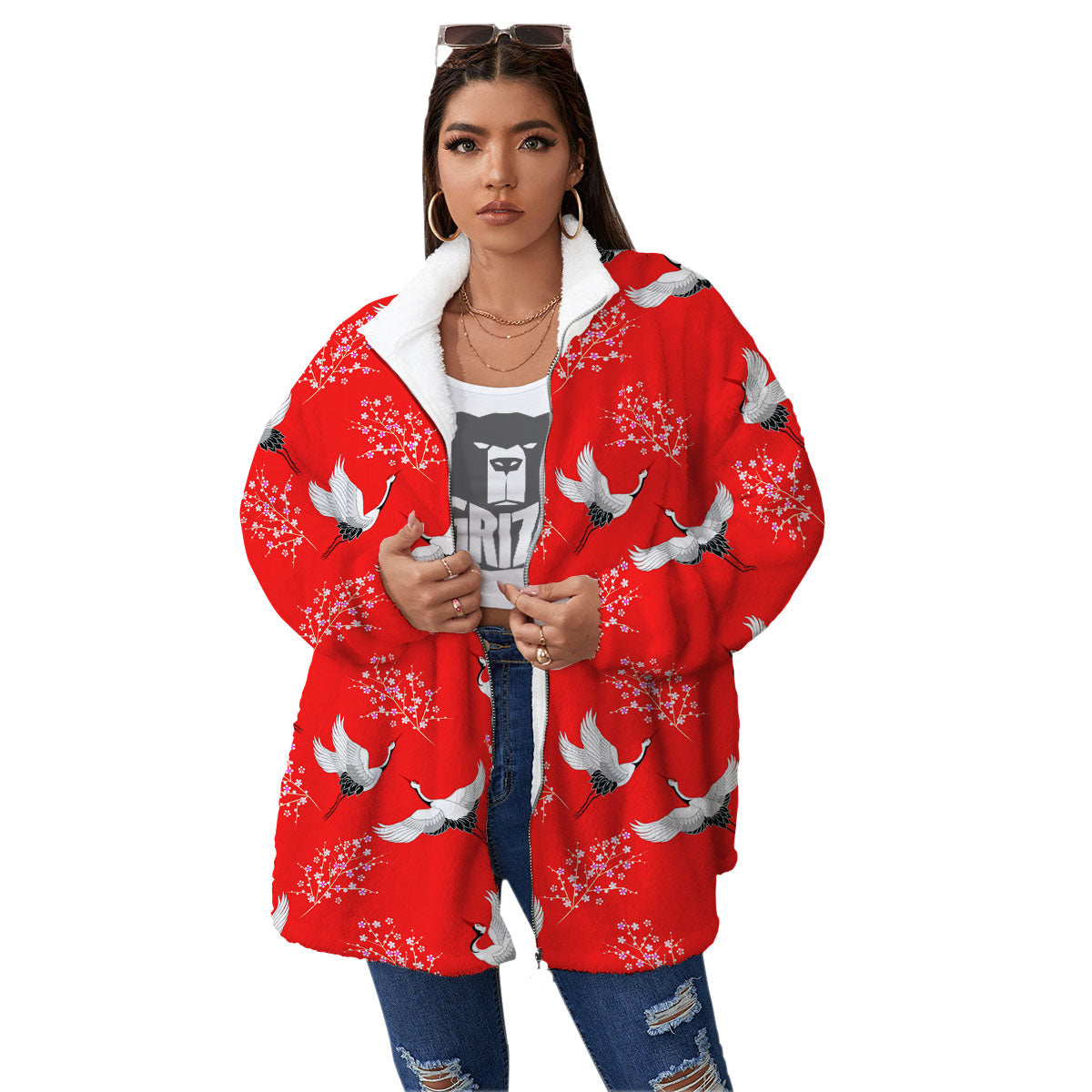 Crane Bird Japanese Print Pattern Women's Sherpa Jacket-grizzshop