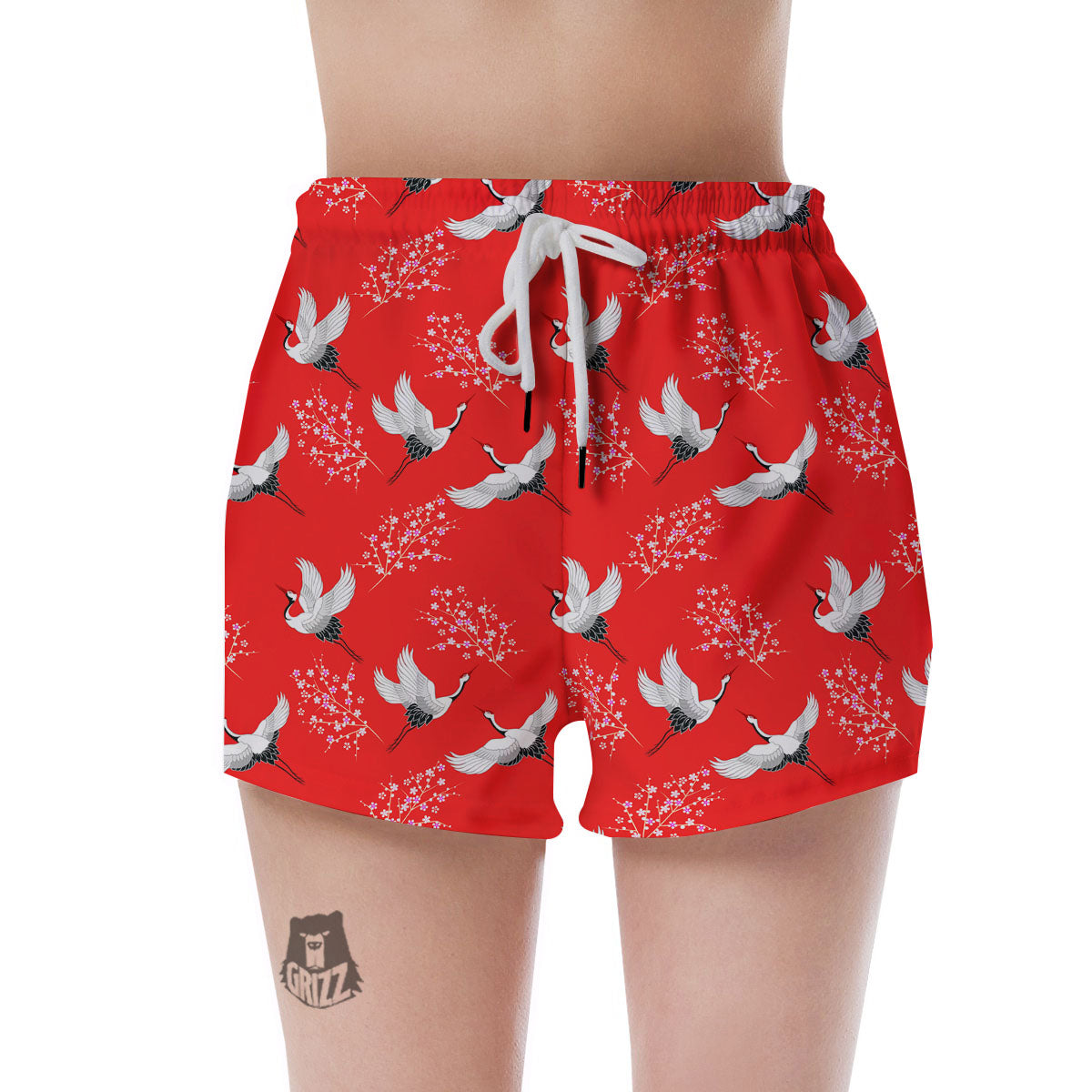 Crane Bird Japanese Print Pattern Women's Shorts-grizzshop