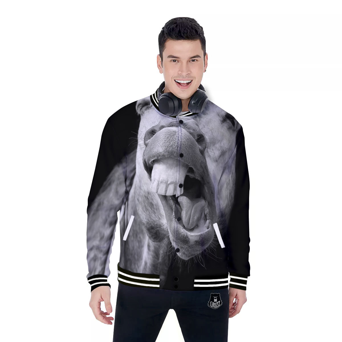 Crazy Donkey White And Black Print Baseball Jacket-grizzshop