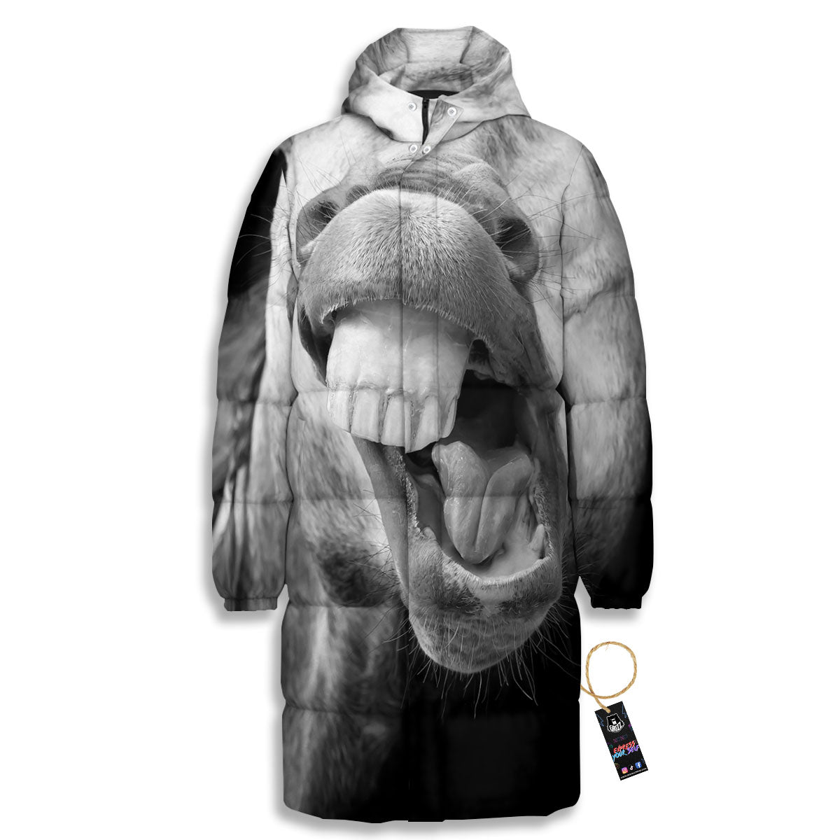 Crazy Donkey White And Black Print Long Down Jacket