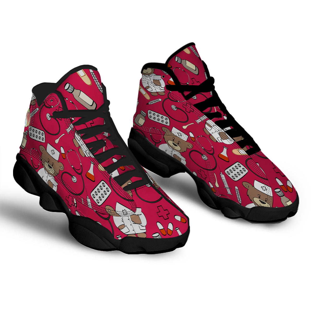 Crimson Teddy Bear Nurse Black Basketball Shoes-grizzshop