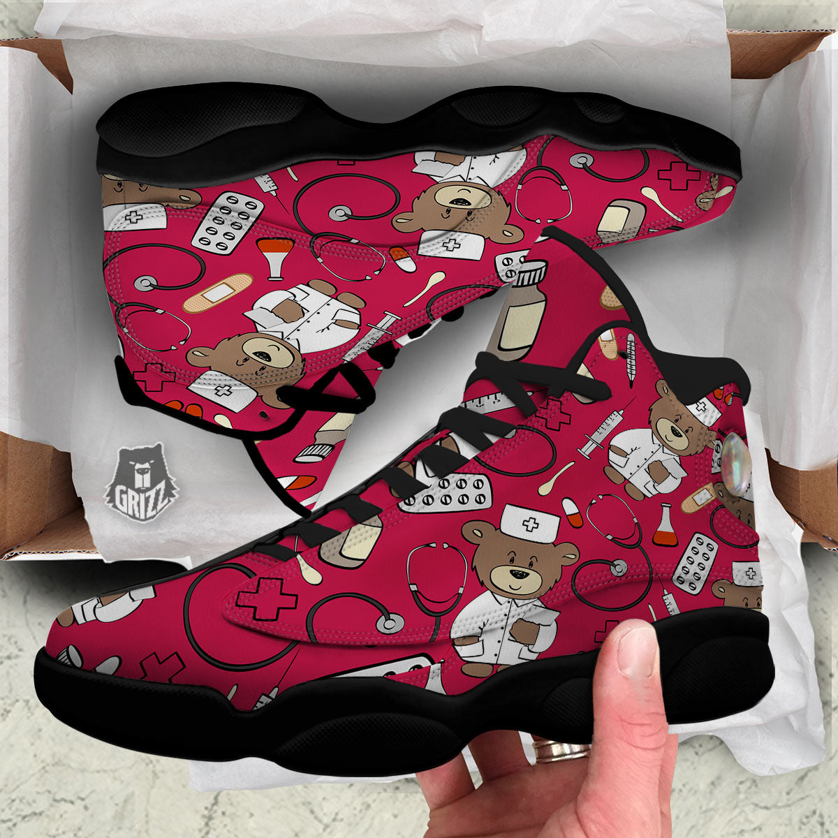 Crimson Teddy Bear Nurse Black Basketball Shoes-grizzshop