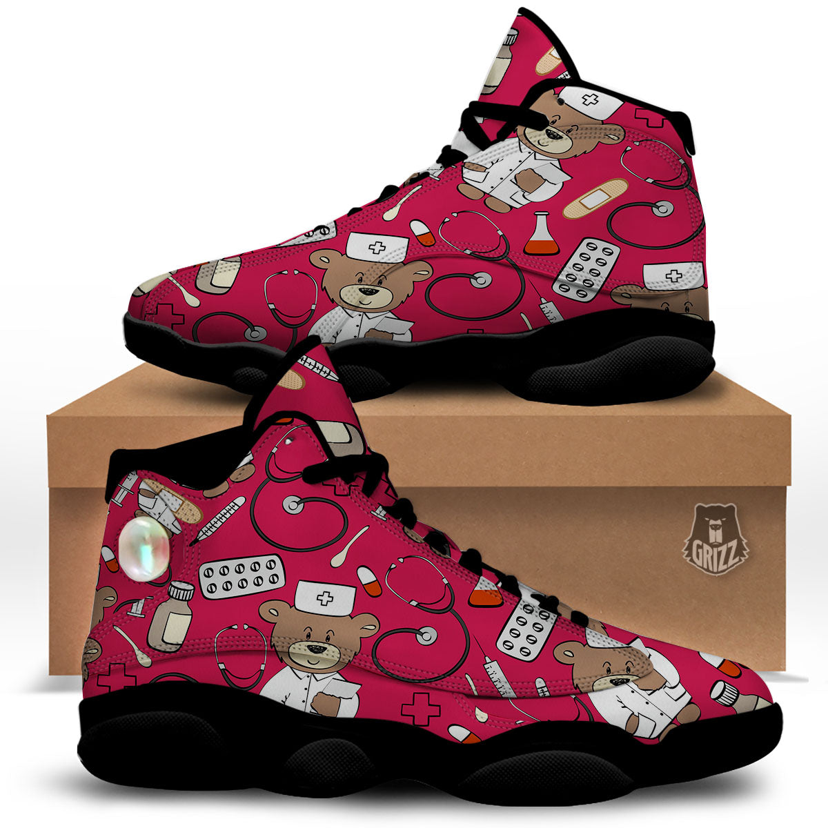 Crimson Teddy Bear Nurse Black Basketball Shoes-grizzshop