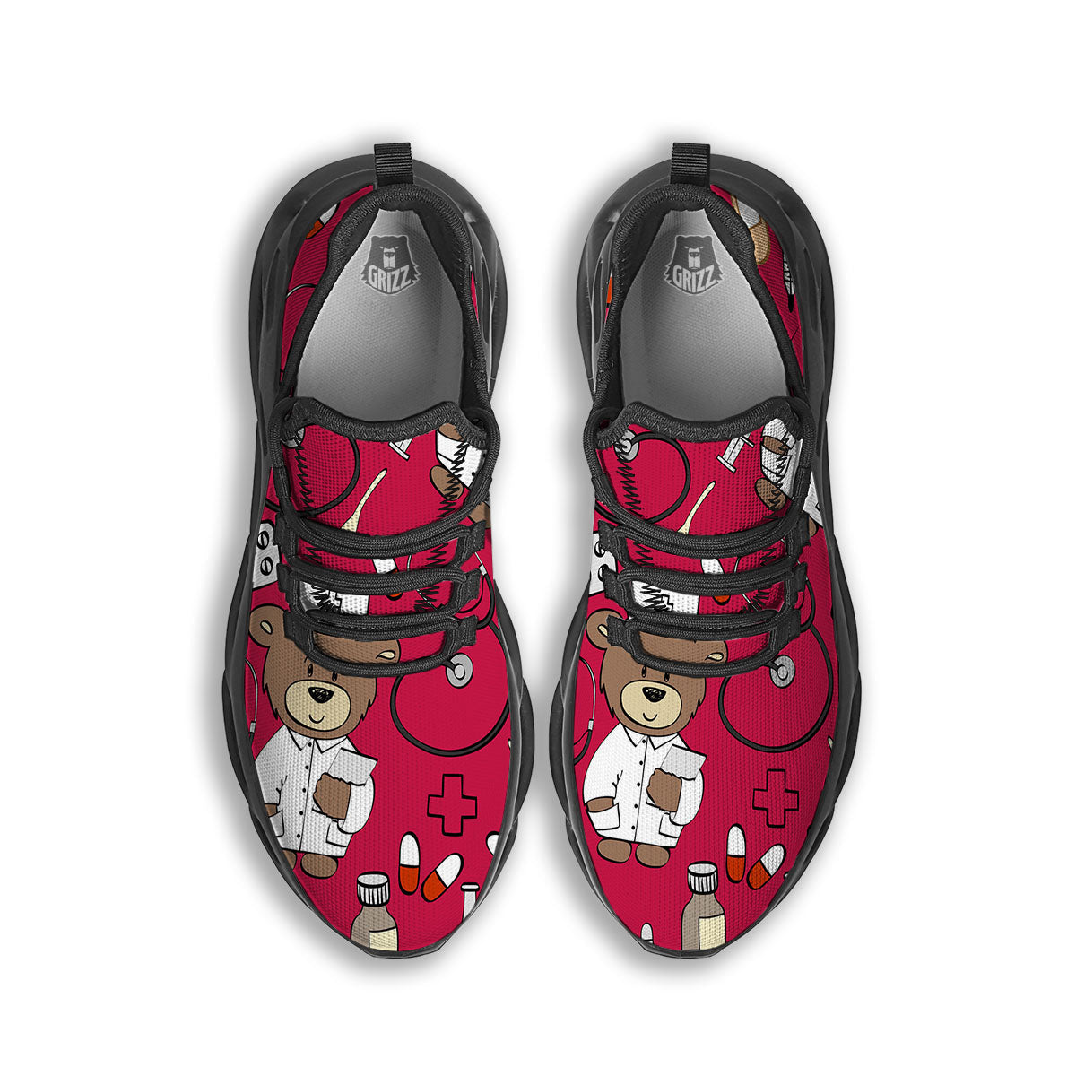 Crimson Teddy Bear Nurse Black Running Shoes-grizzshop