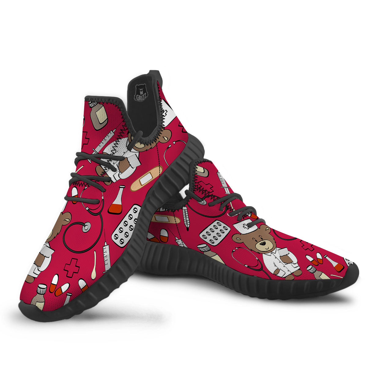 Crimson Teddy Bear Nurse Black Walking Shoes-grizzshop