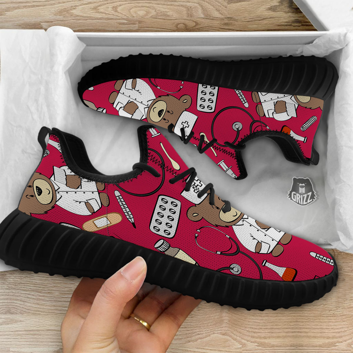 Crimson Teddy Bear Nurse Black Walking Shoes-grizzshop