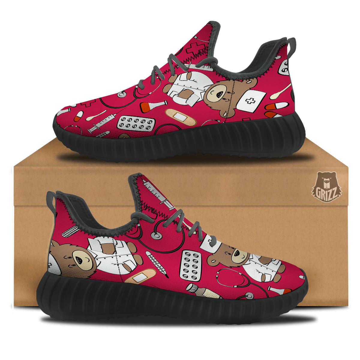 Crimson Teddy Bear Nurse Black Walking Shoes-grizzshop