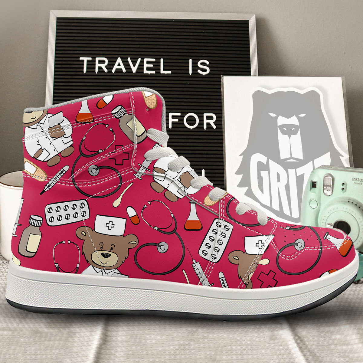 Crimson Teddy Bear Nurse High Top Sneakers-grizzshop