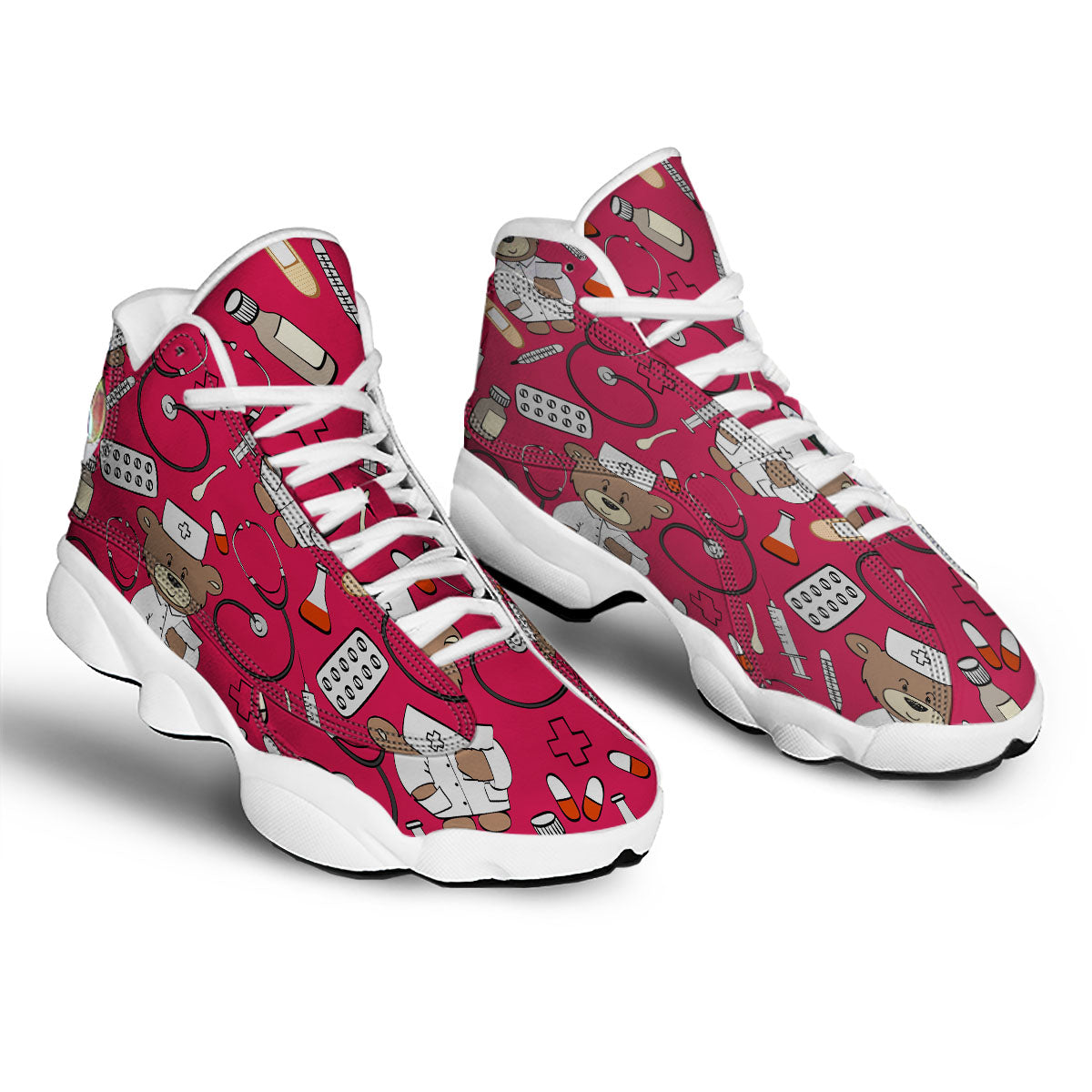 Crimson Teddy Bear Nurse White Basketball Shoes-grizzshop