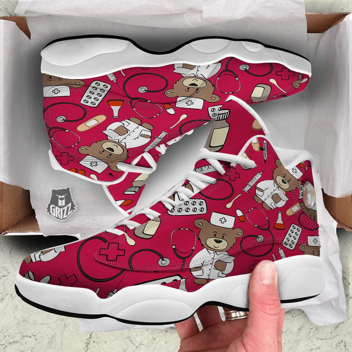 Crimson Teddy Bear Nurse White Basketball Shoes-grizzshop