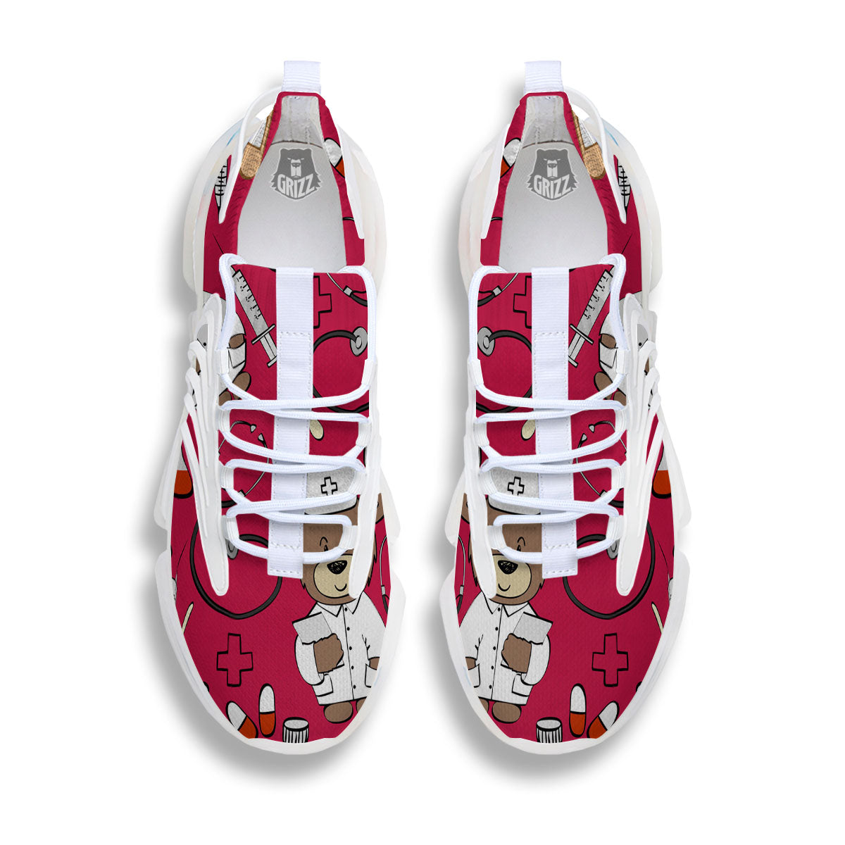 Crimson Teddy Bear Nurse White Gym Shoes-grizzshop