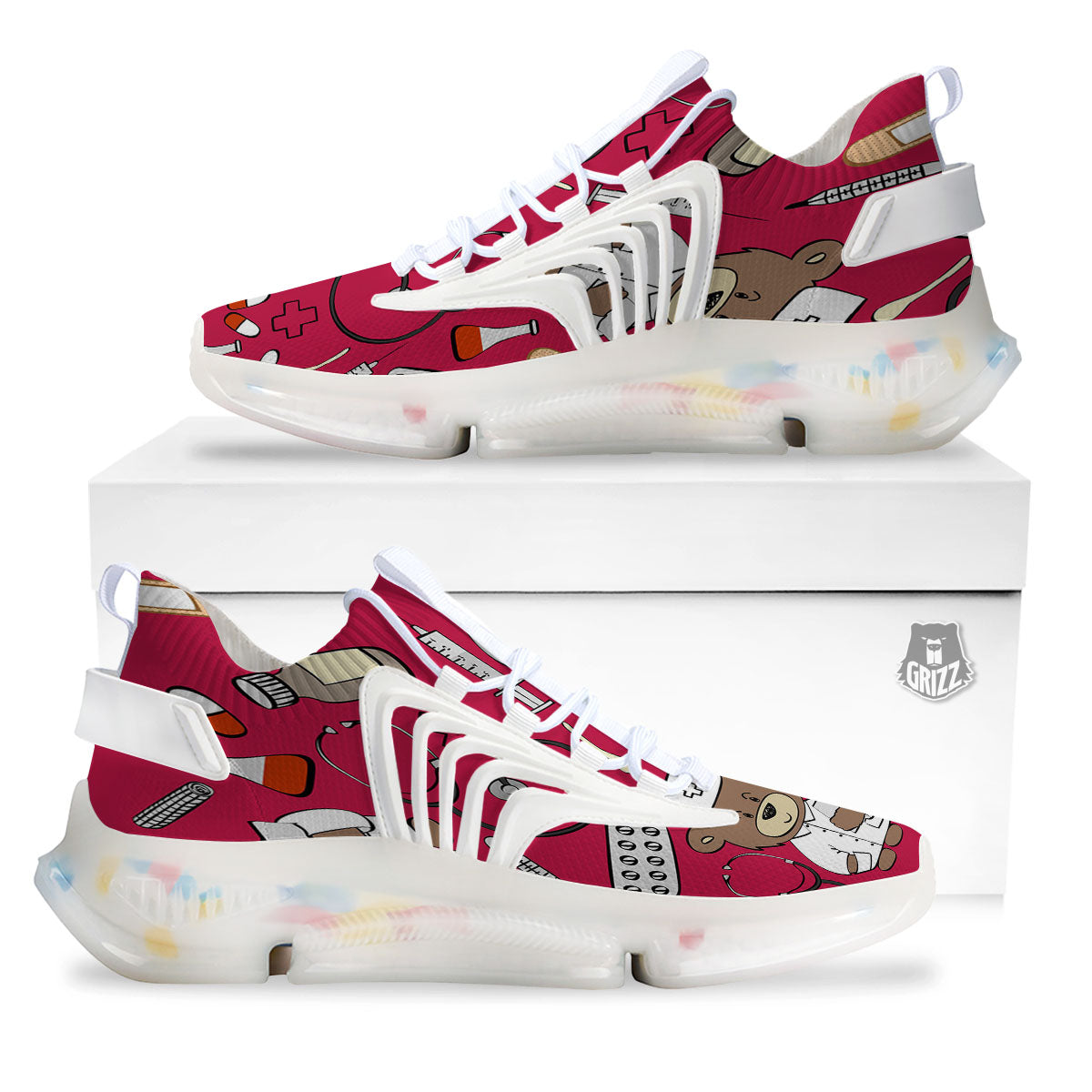 Crimson Teddy Bear Nurse White Gym Shoes-grizzshop