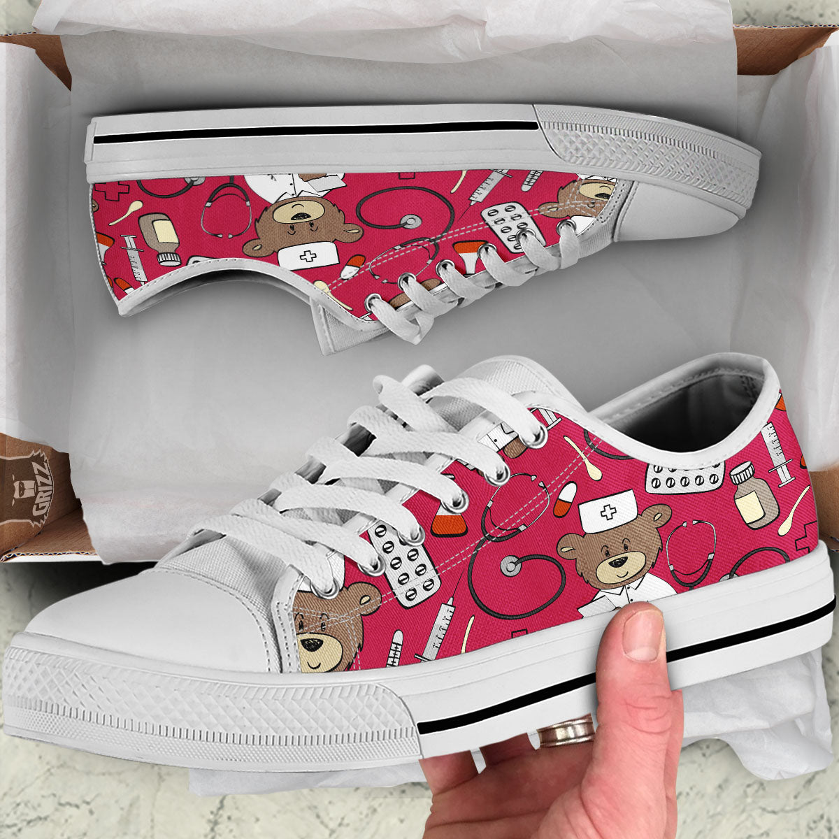 Crimson Teddy Bear Nurse White Low Top Shoes-grizzshop
