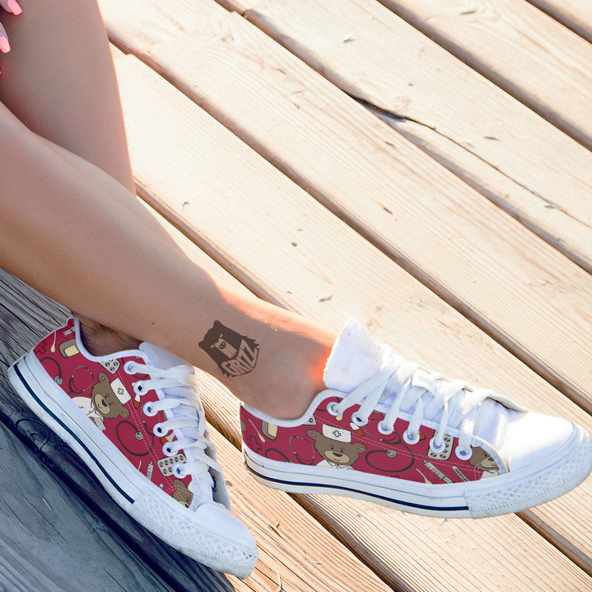 Crimson Teddy Bear Nurse White Low Top Shoes-grizzshop