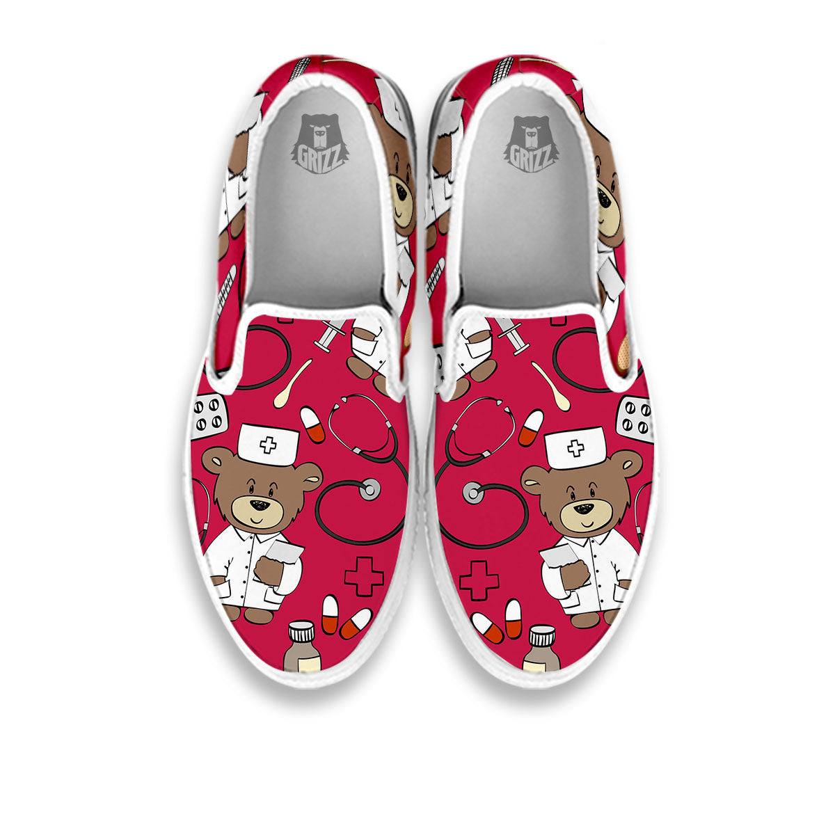 Crimson Teddy Bear Nurse White Slip On Shoes-grizzshop