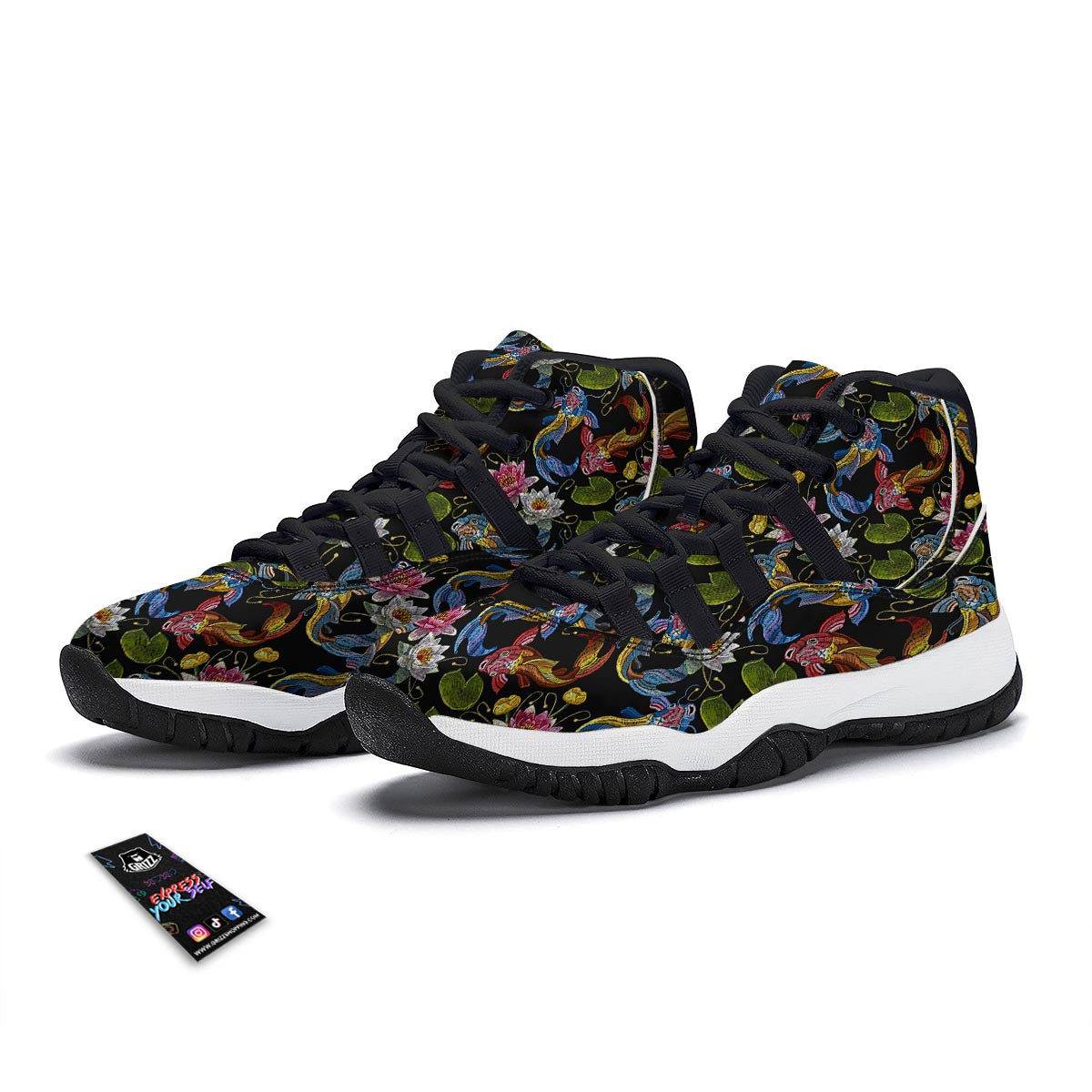 Crochet Koi Fish Lotus Pattern Print Black Bball Shoes-grizzshop