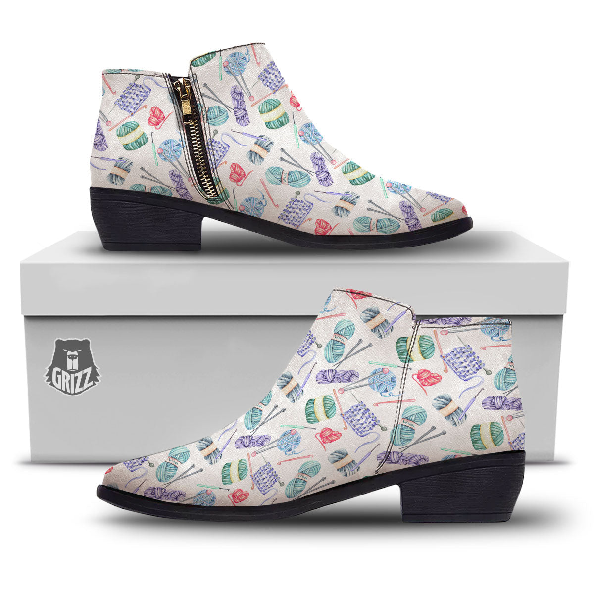 Crochet Yarn Print Pattern Ankle Boots-grizzshop