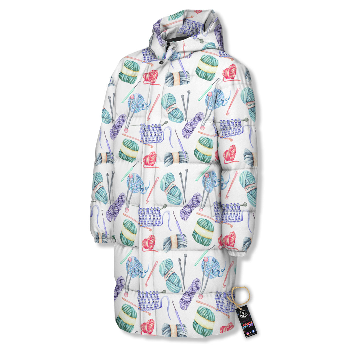 Crochet Yarn Print Pattern Long Down Jacket-grizzshop