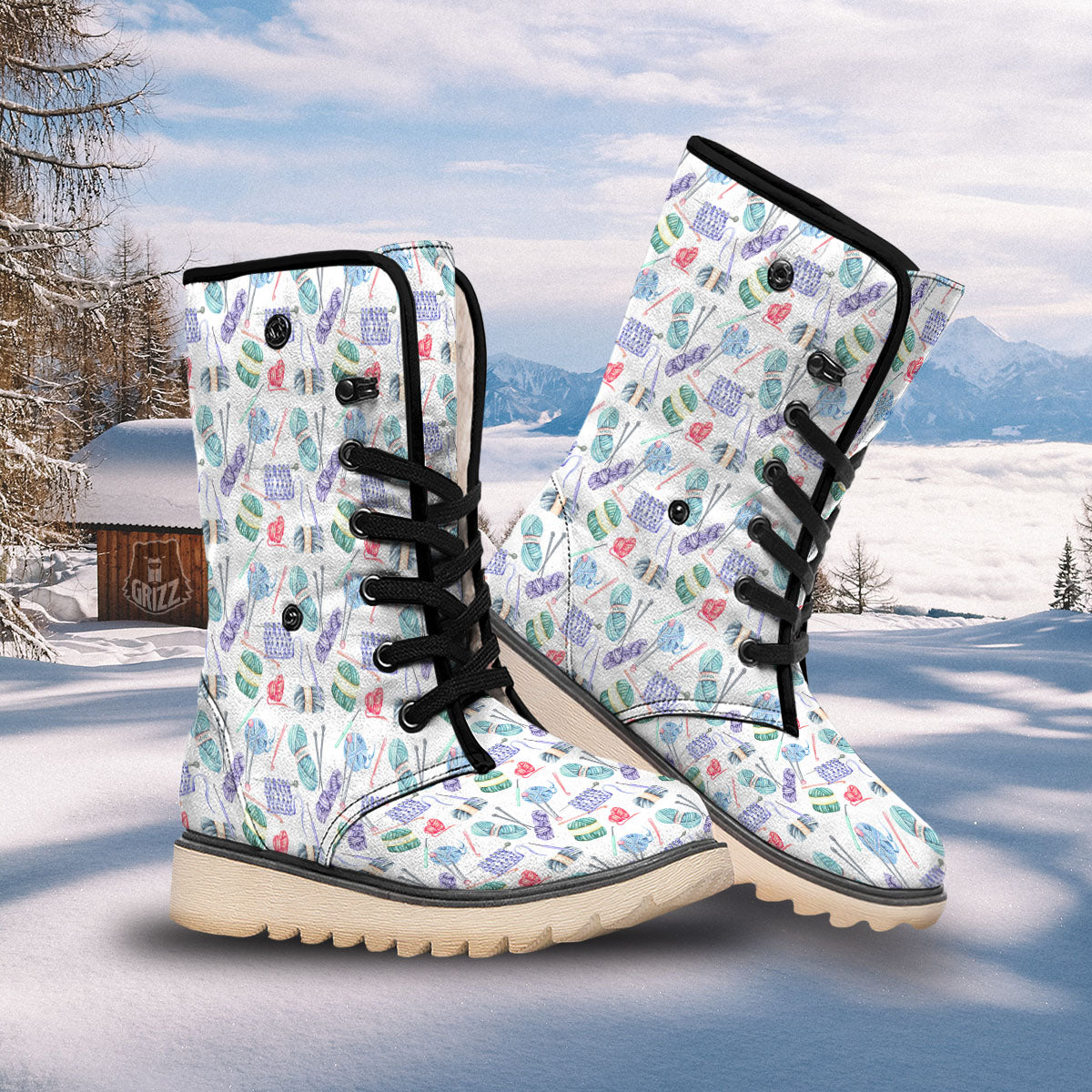 Crochet Yarn Print Pattern Snow Boots-grizzshop