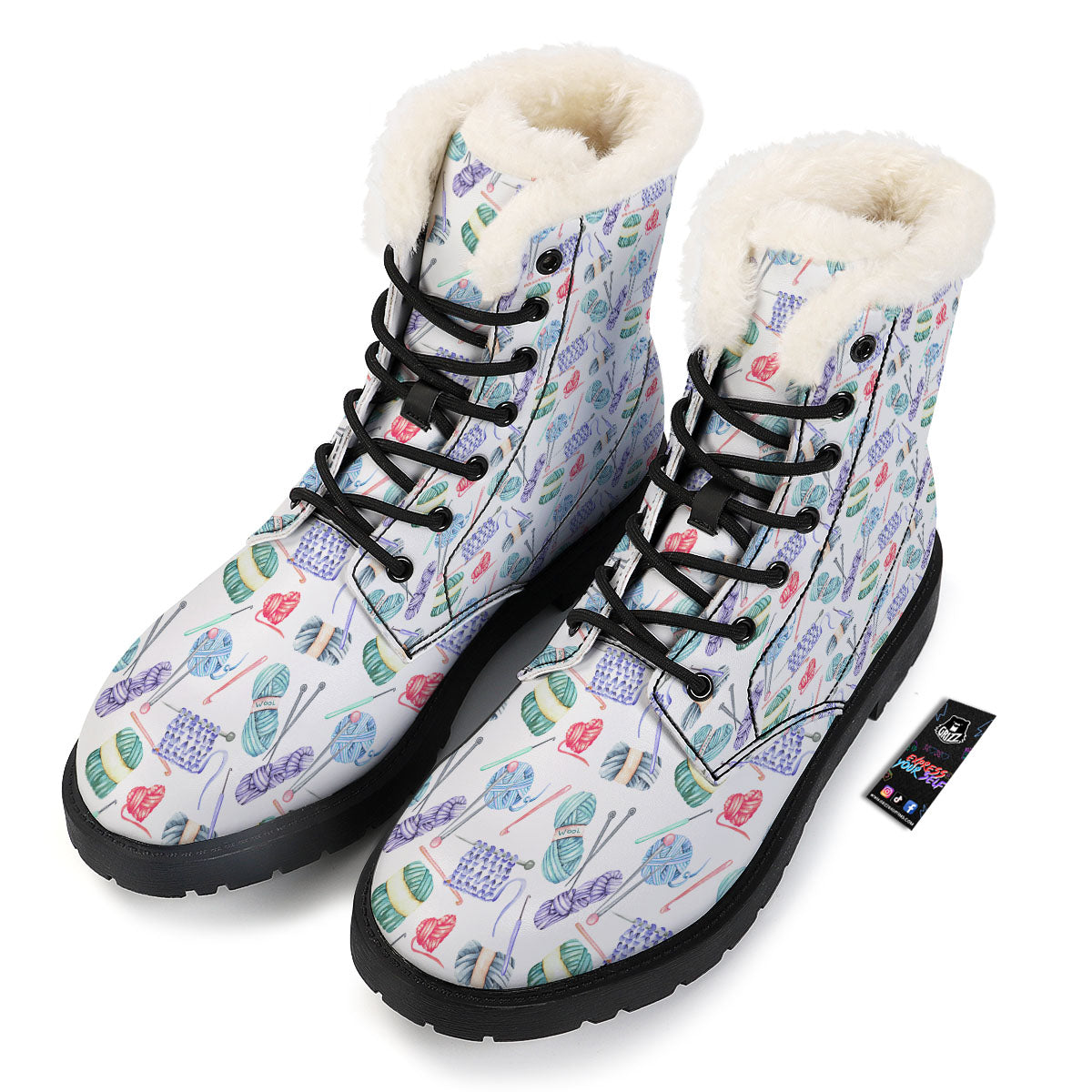 Crochet Yarn Print Pattern Winter Boots-grizzshop