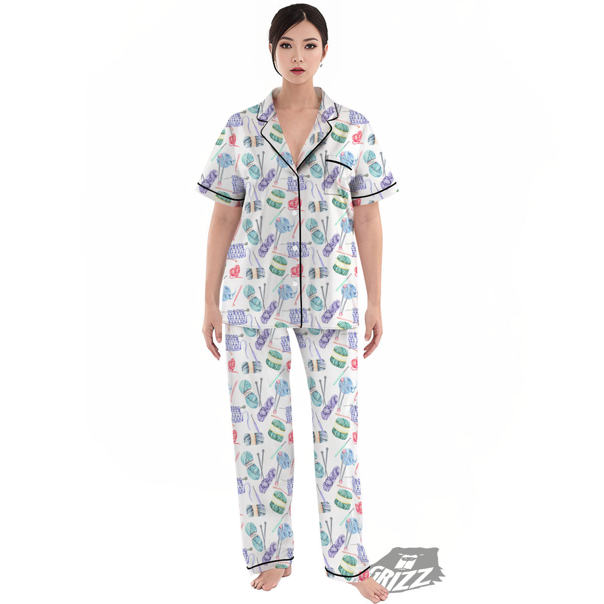 Crochet Yarn Print Pattern Women's Pajamas Set-grizzshop