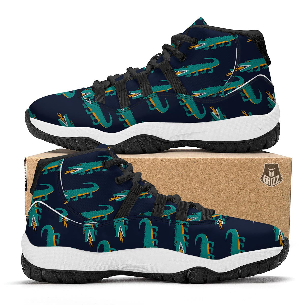 Crocodile Pattern Print Black Bball Shoes-grizzshop