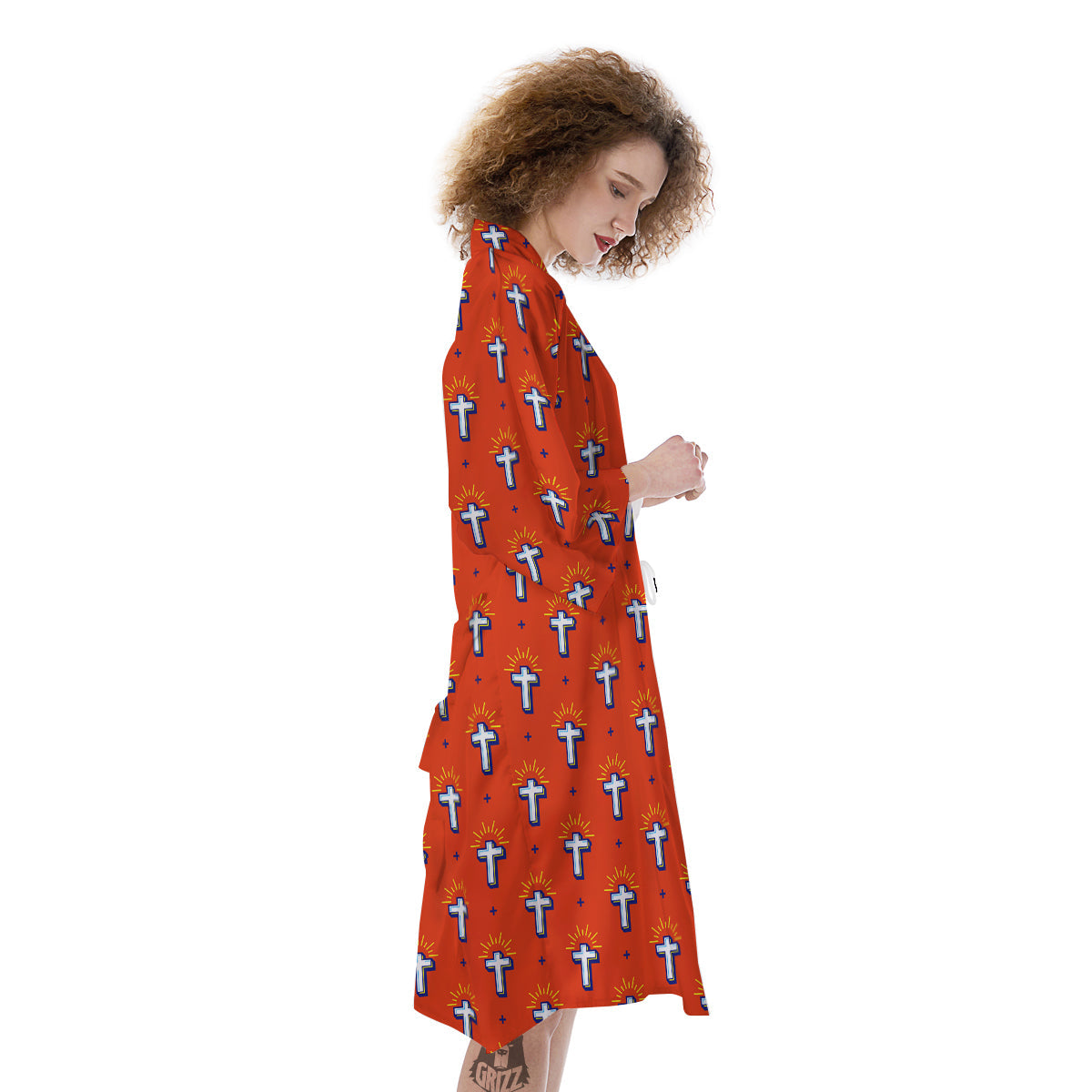Cross Of Jesus Christ Orange Print Pattern Kimono-grizzshop