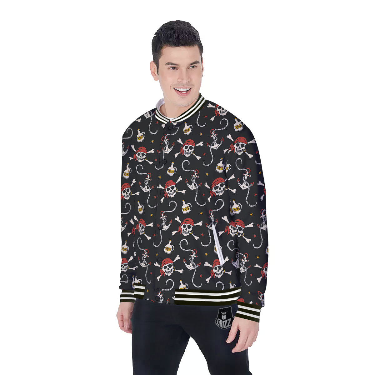 Crossbones Pirate Skull Print Pattern Baseball Jacket-grizzshop