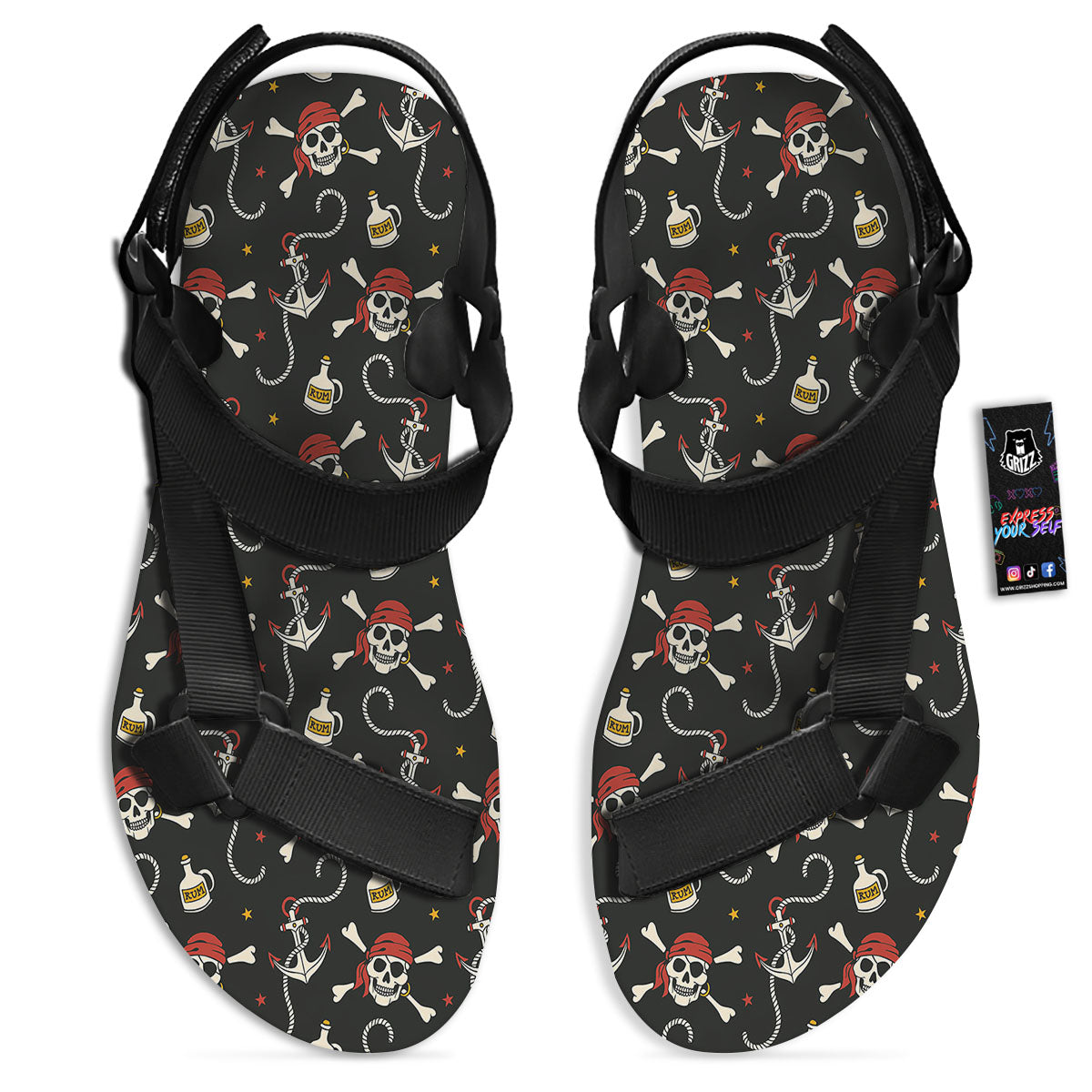 Crossbones Pirate Skull Print Pattern Black Open Toe Sandals-grizzshop