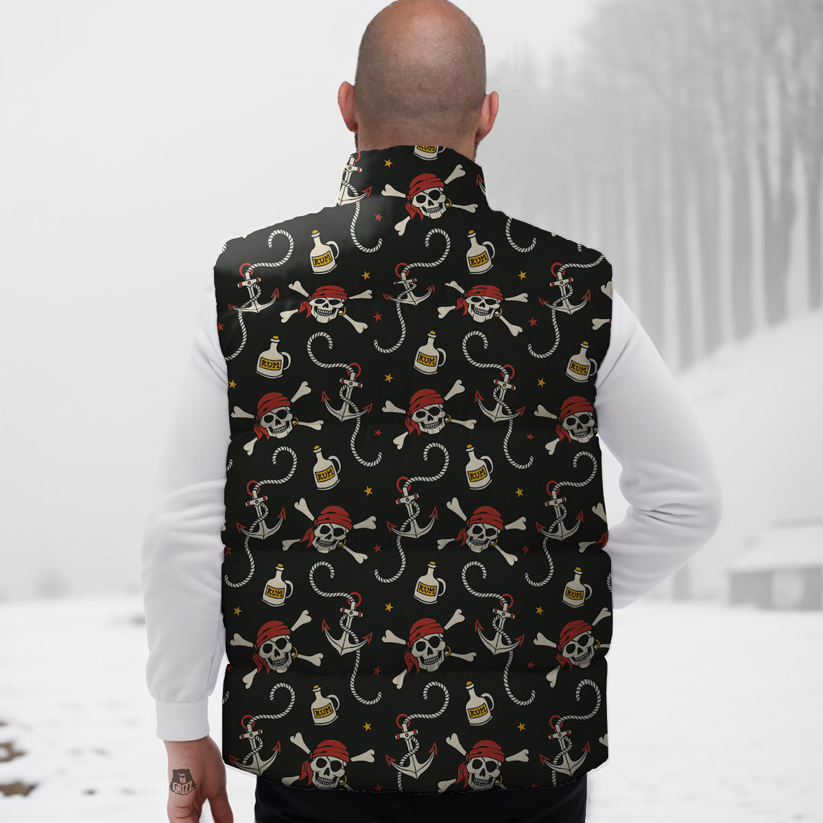 Crossbones Pirate Skull Print Pattern Down Vest-grizzshop