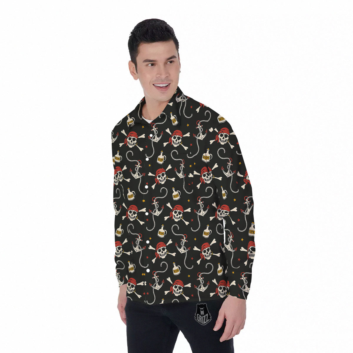 Crossbones Pirate Skull Print Pattern Men's Long Sleeve Shirts-grizzshop