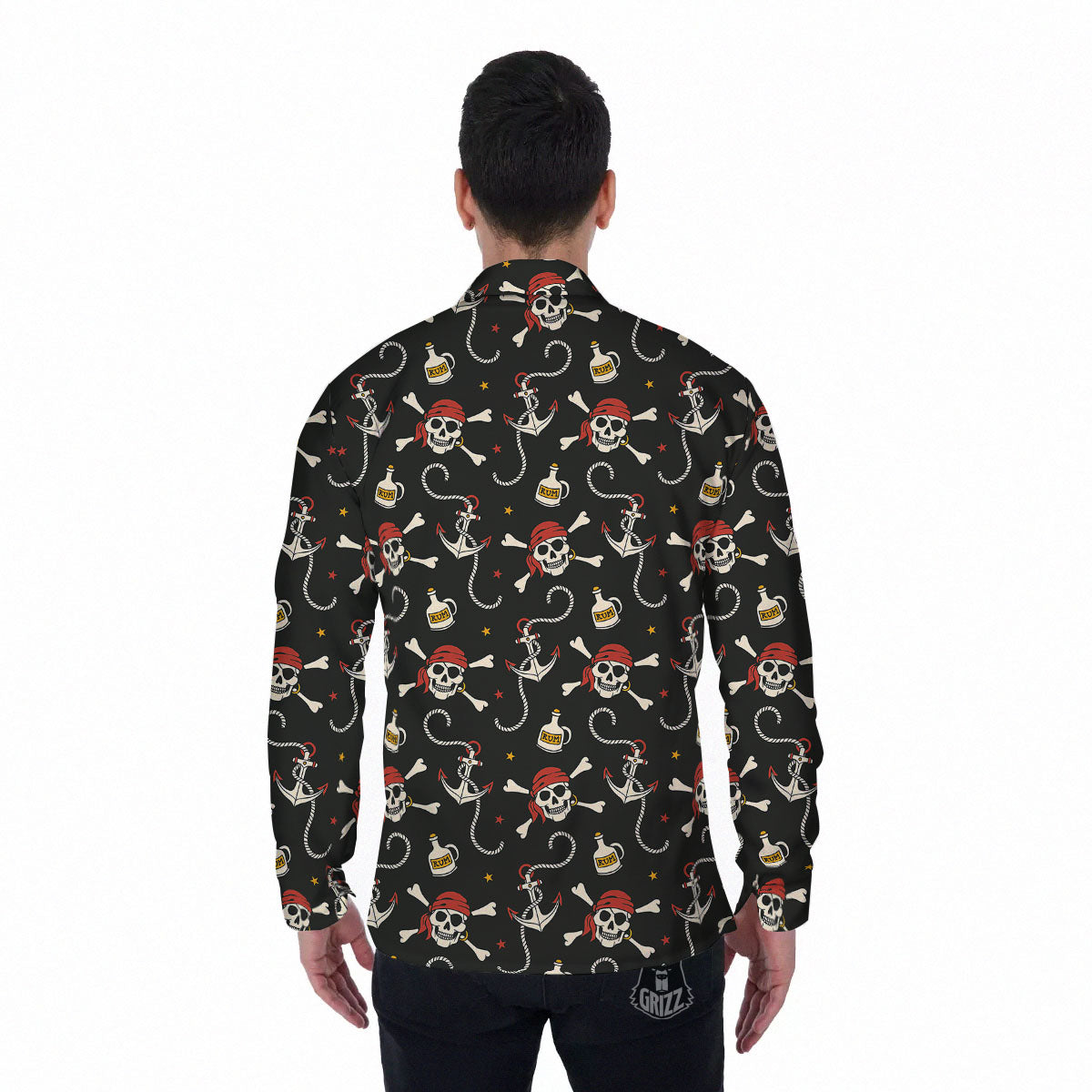 Crossbones Pirate Skull Print Pattern Men's Long Sleeve Shirts-grizzshop