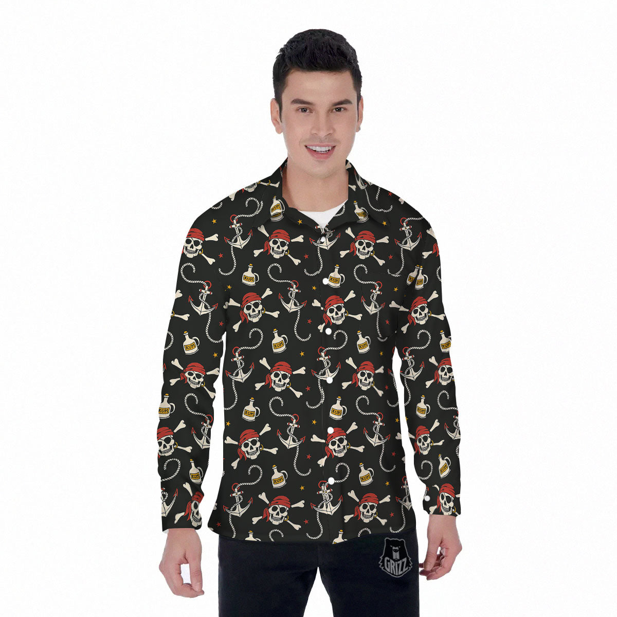 Crossbones Pirate Skull Print Pattern Men's Long Sleeve Shirts-grizzshop