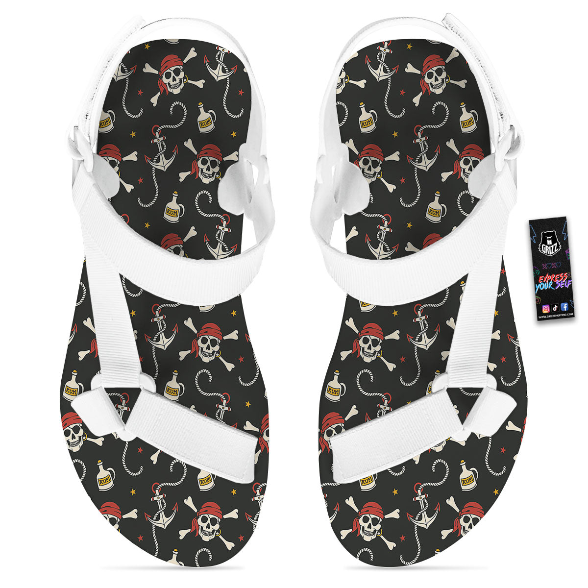 Crossbones Pirate Skull Print Pattern White Open Toe Sandals-grizzshop