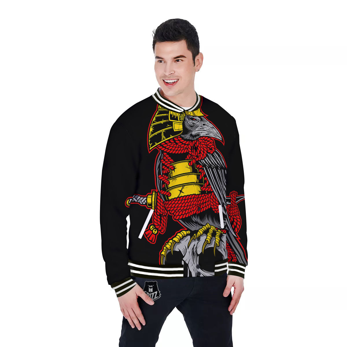 Crow And Samurai Print Baseball Jacket-grizzshop