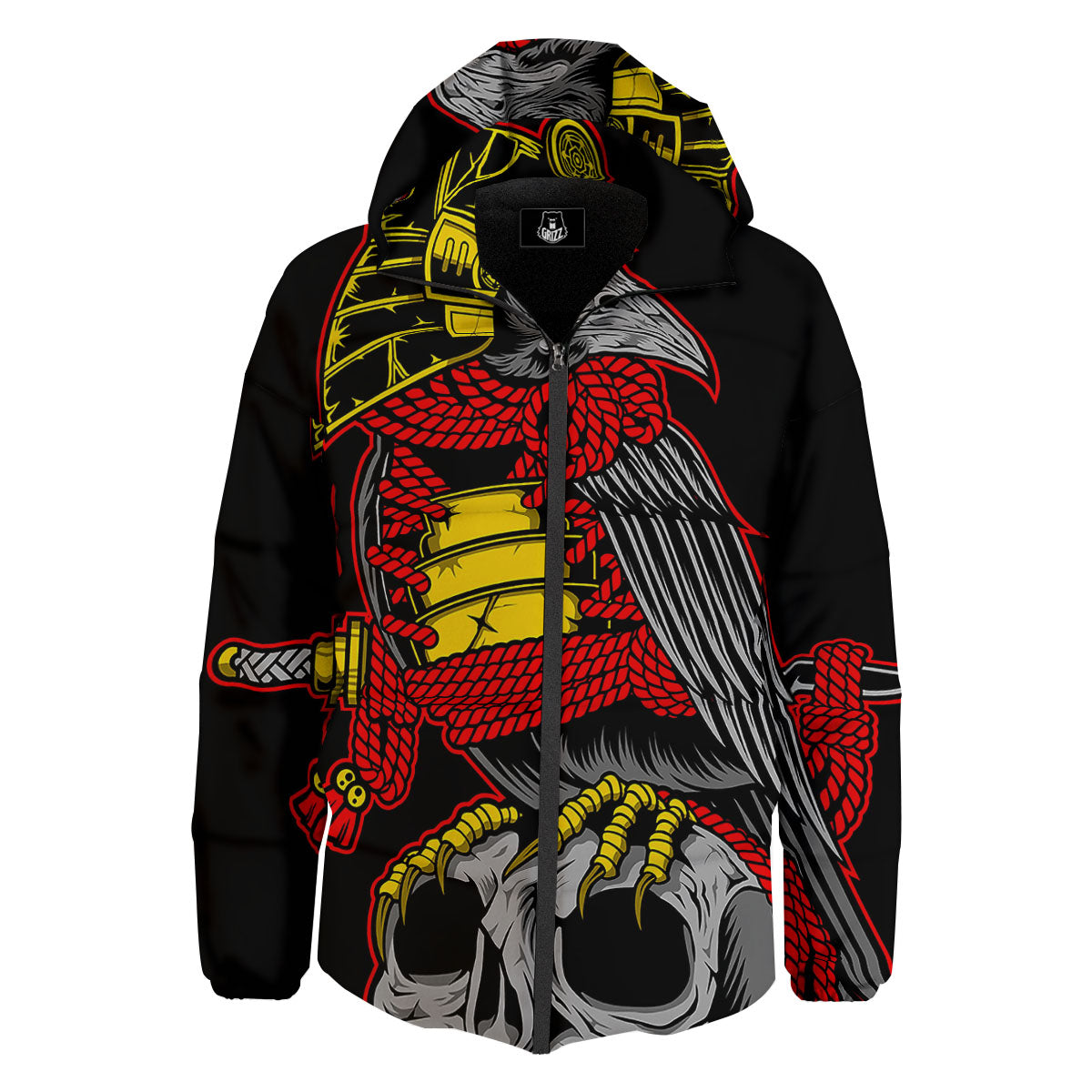 Crow And Samurai Print Down Jacket-grizzshop