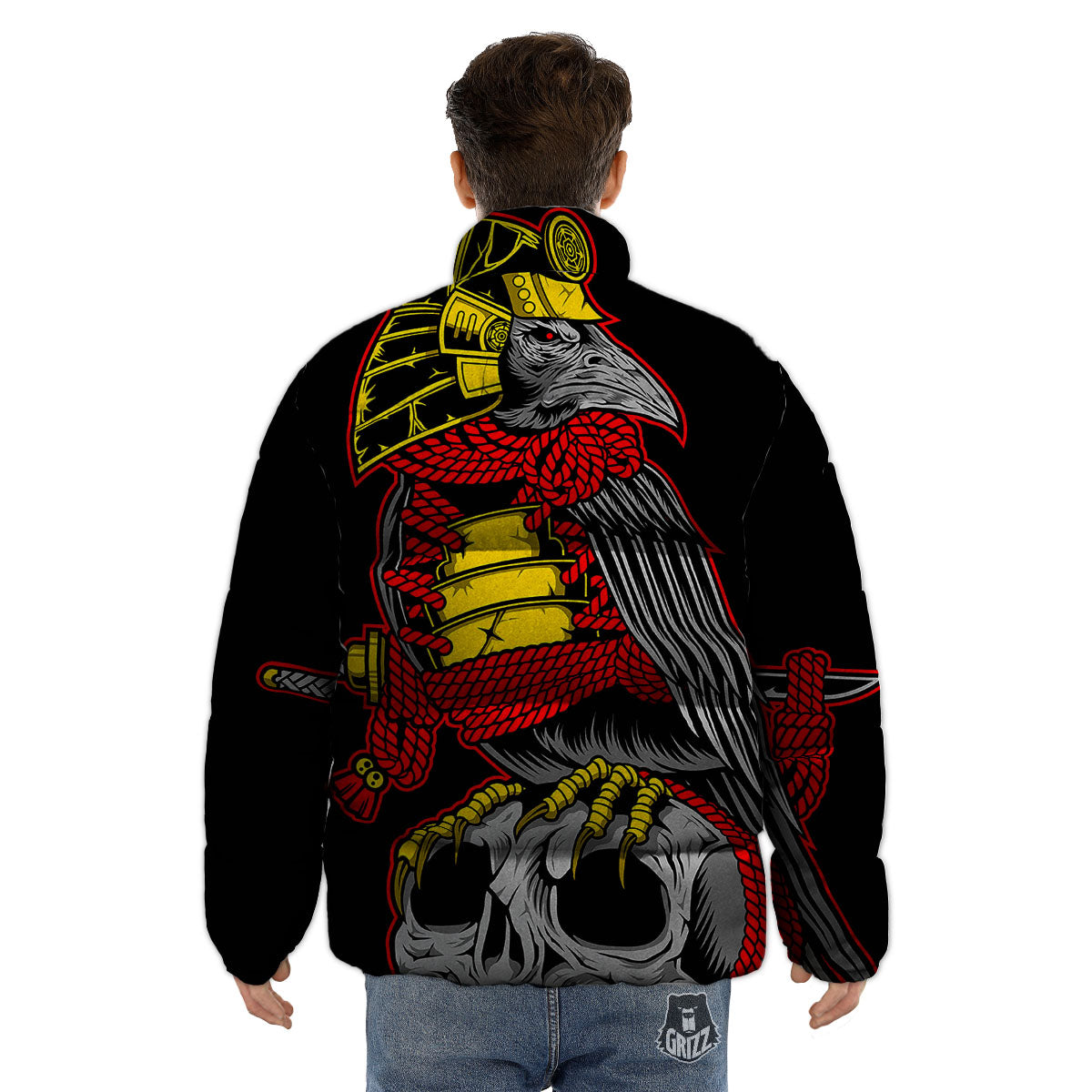 Crow And Samurai Print Puffer Jacket-grizzshop