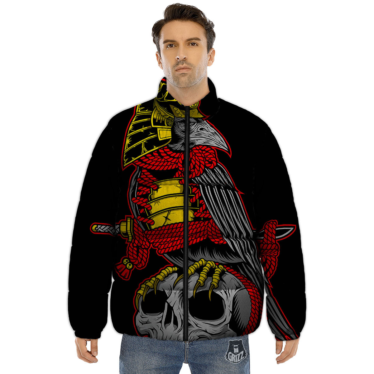 Crow And Samurai Print Puffer Jacket-grizzshop
