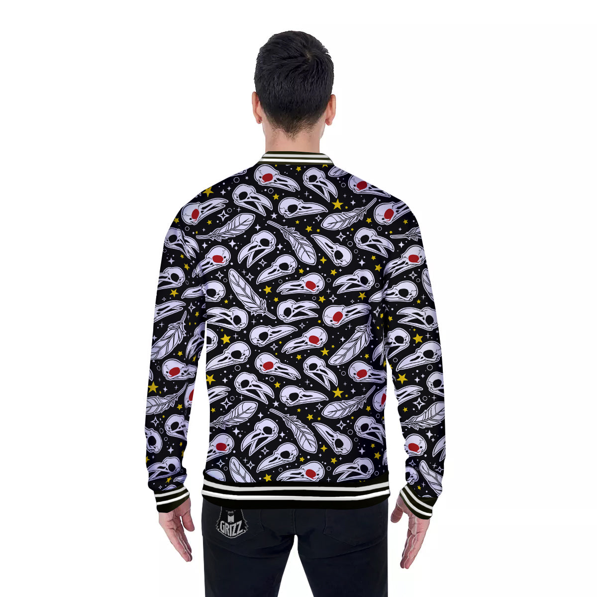 Crow Skull And Feathers Print Pattern Baseball Jacket-grizzshop