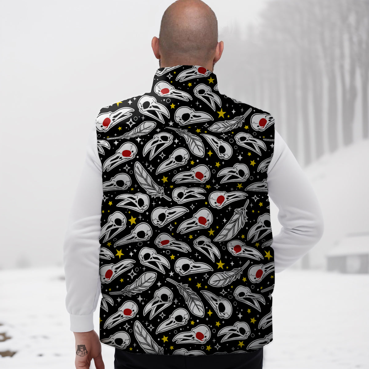 Crow Skull And Feathers Print Pattern Down Vest-grizzshop