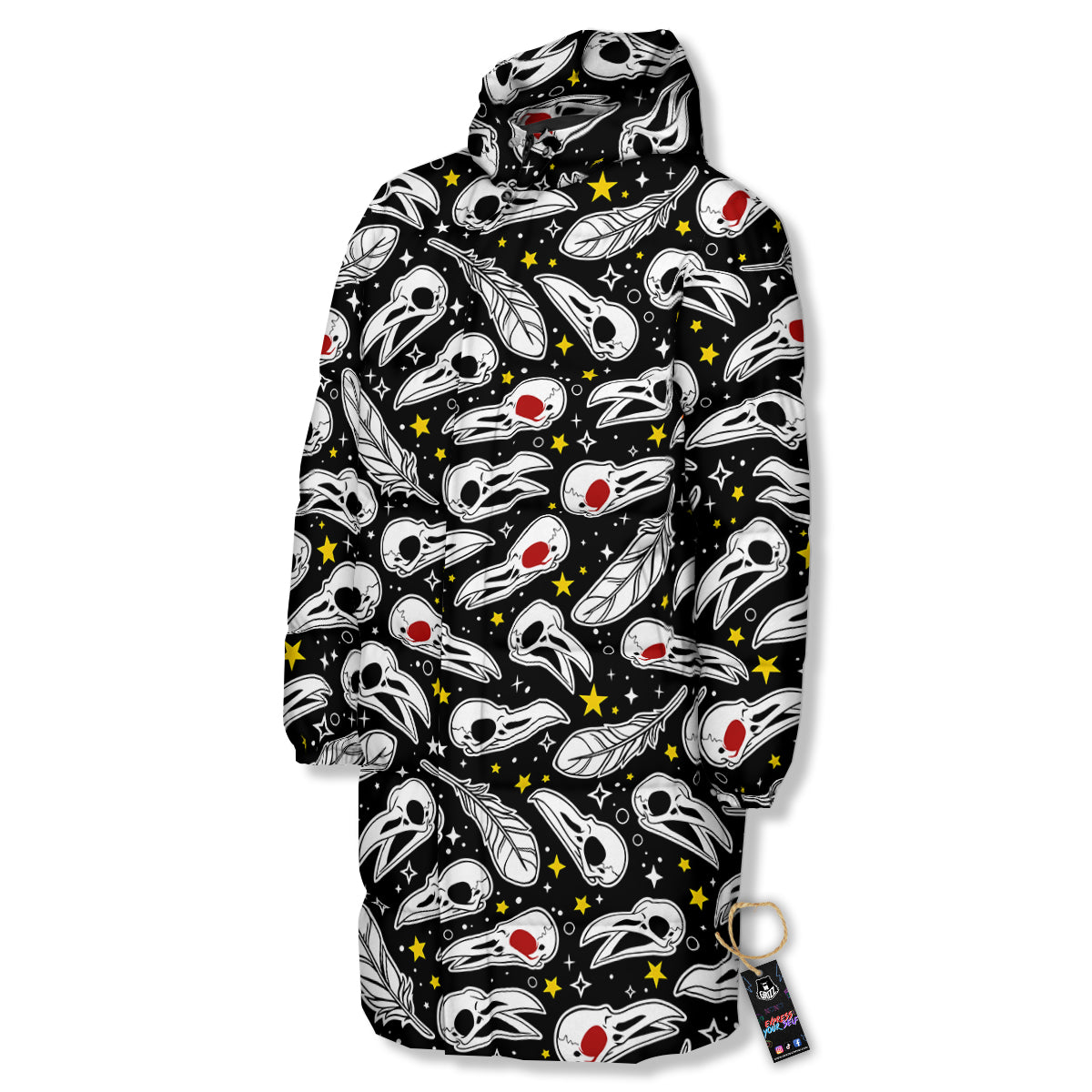 Crow Skull And Feathers Print Pattern Long Down Jacket-grizzshop