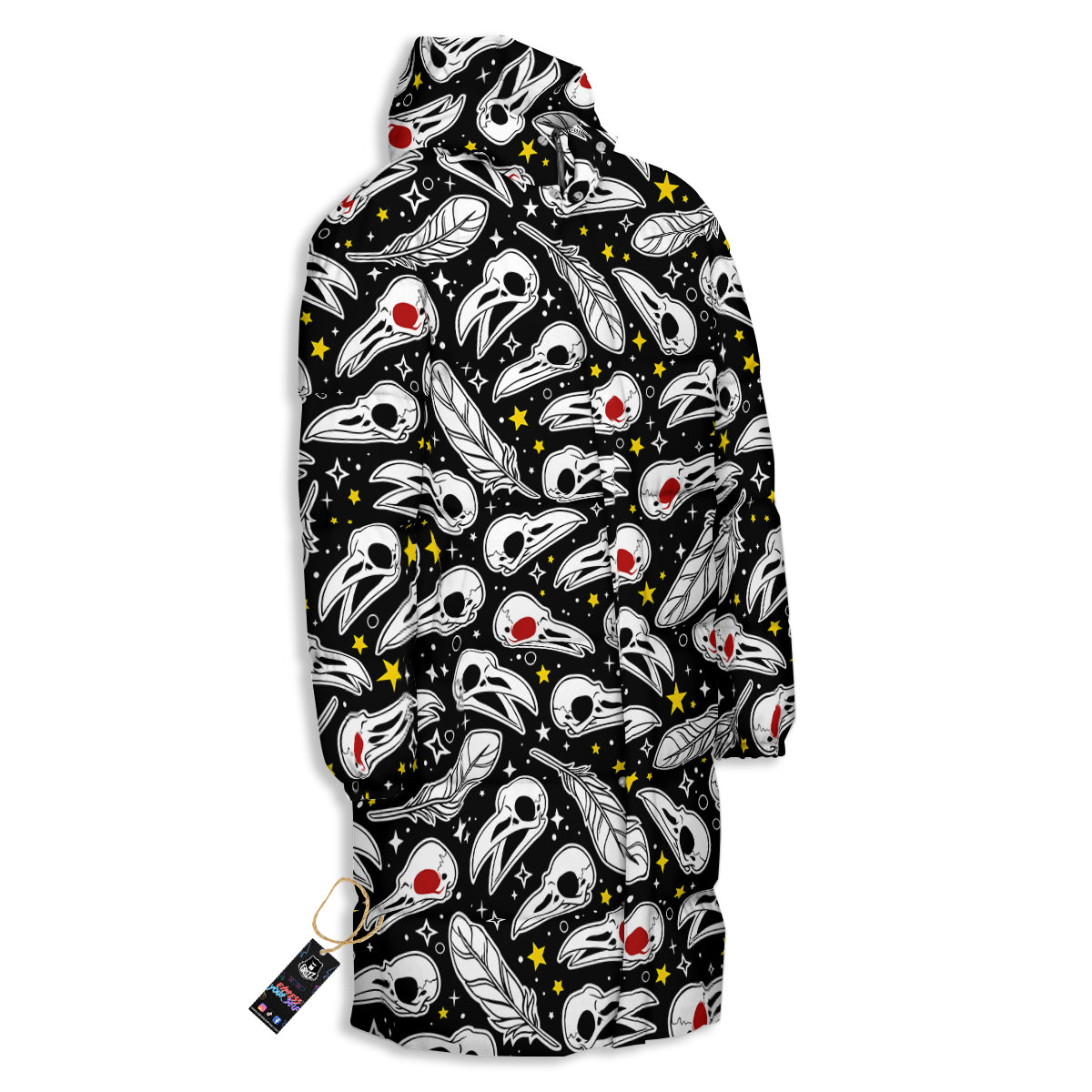 Crow Skull And Feathers Print Pattern Long Down Jacket-grizzshop