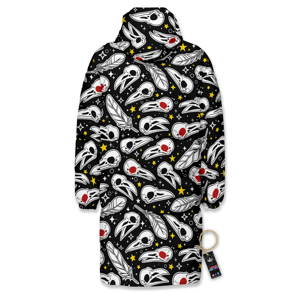 Crow Skull And Feathers Print Pattern Long Down Jacket-grizzshop