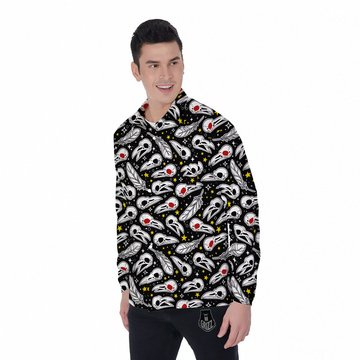 Crow Skull And Feathers Print Pattern Men's Long Sleeve Shirts-grizzshop