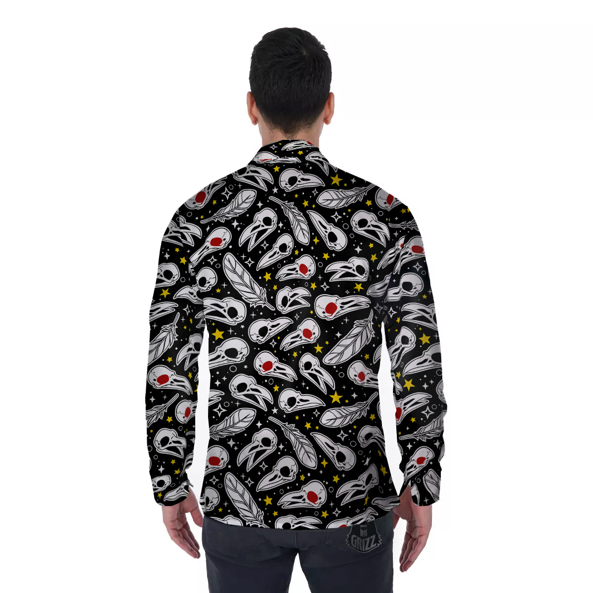Crow Skull And Feathers Print Pattern Men's Long Sleeve Shirts-grizzshop