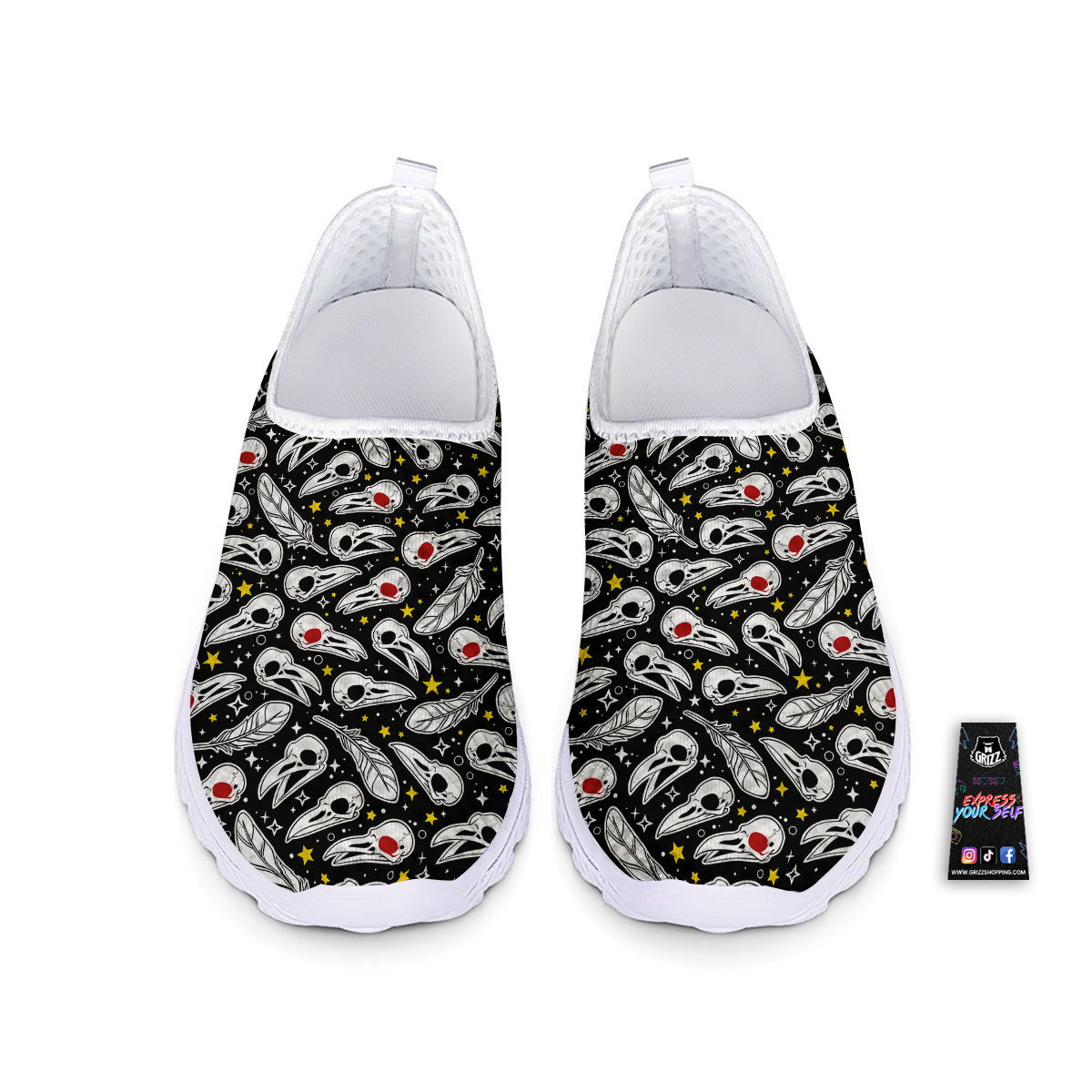 Crow Skull And Feathers Print Pattern Nurse Shoes-grizzshop