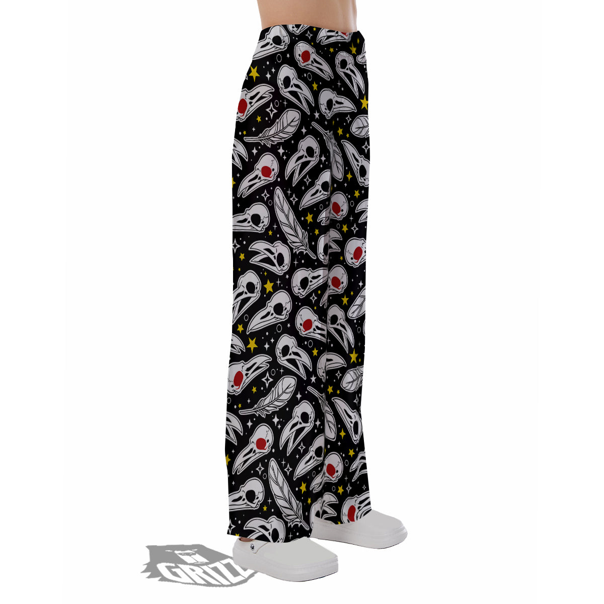 Crow Skull And Feathers Print Pattern Pajama Pants-grizzshop