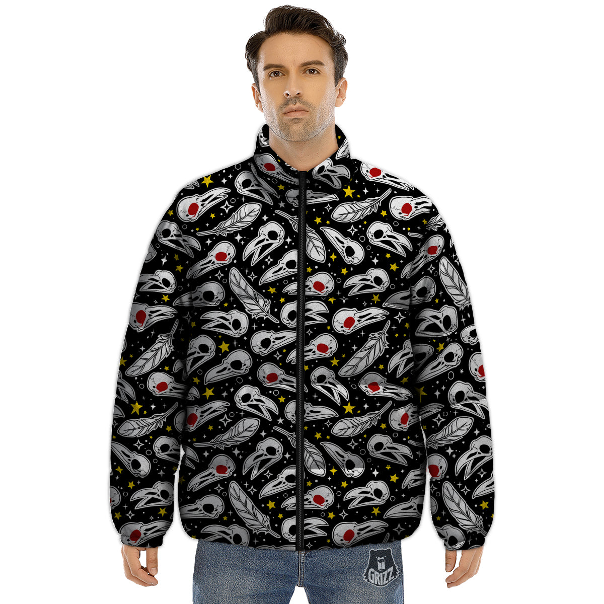 Crow Skull And Feathers Print Pattern Puffer Jacket-grizzshop