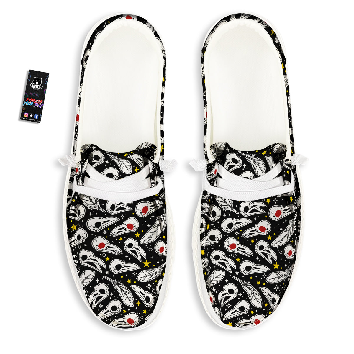 Crow Skull And Feathers Print Pattern White Loafers-grizzshop